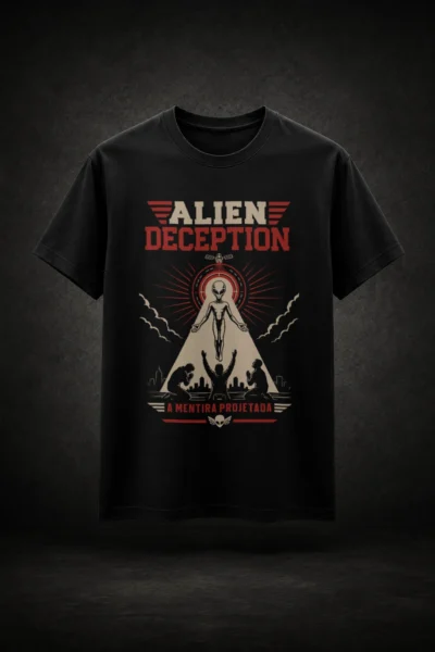 Camiseta preta com estampa de alien e narrativa de engano e controle da percepção