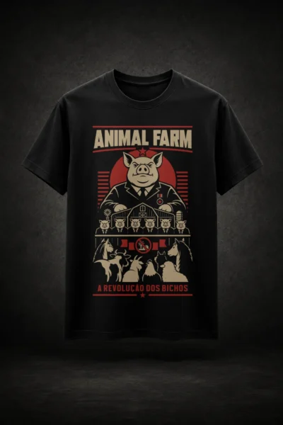 Camiseta preta com estampa inspirada em Animal Farm A Revolução dos Bichos de George Orwell