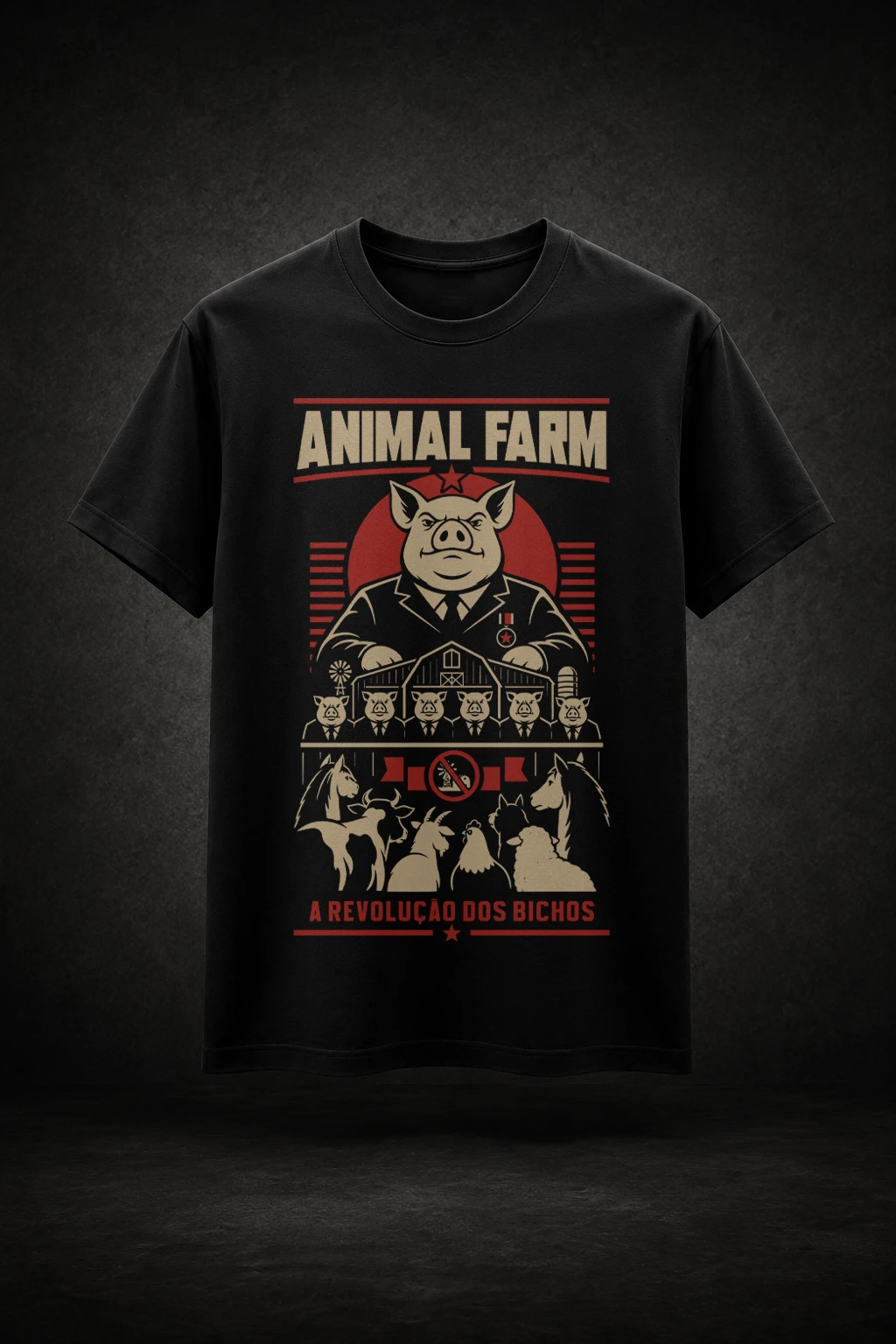 Camiseta preta com estampa inspirada em Animal Farm A Revolução dos Bichos de George Orwell