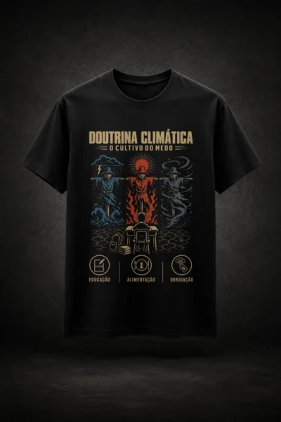 Camiseta preta com estampa inspirada sobre mudanças climáticas, pensamento crítico, medo e engenharia social.