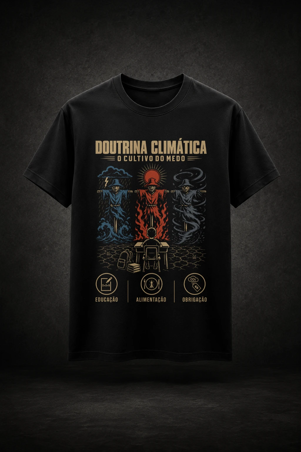 Camiseta preta com estampa inspirada sobre mudanças climáticas, pensamento crítico, medo e engenharia social.