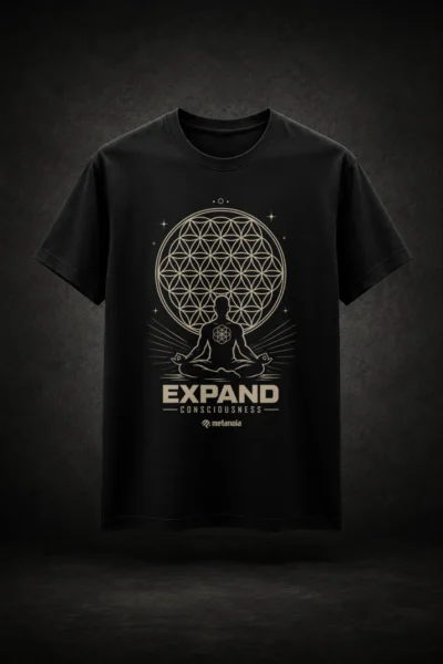 Camiseta preta com estampa sobre expansão da consciência e a Flor da Vida