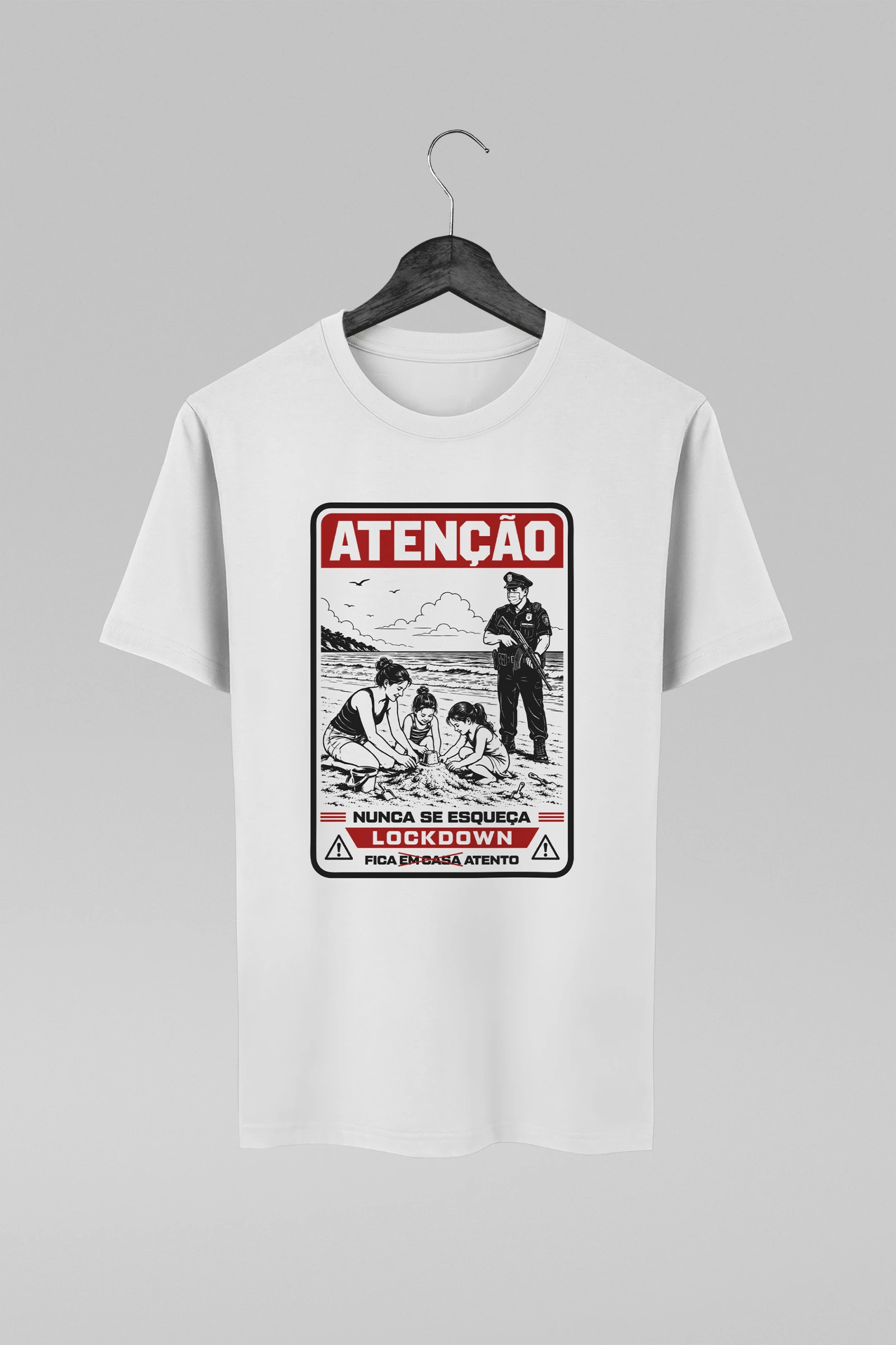 Camiseta branca com estampa inspirada em situação distópica no lockdown 2019