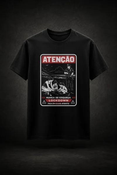 Camiseta preta com estampa inspirada em situação distópica no lockdown 2019