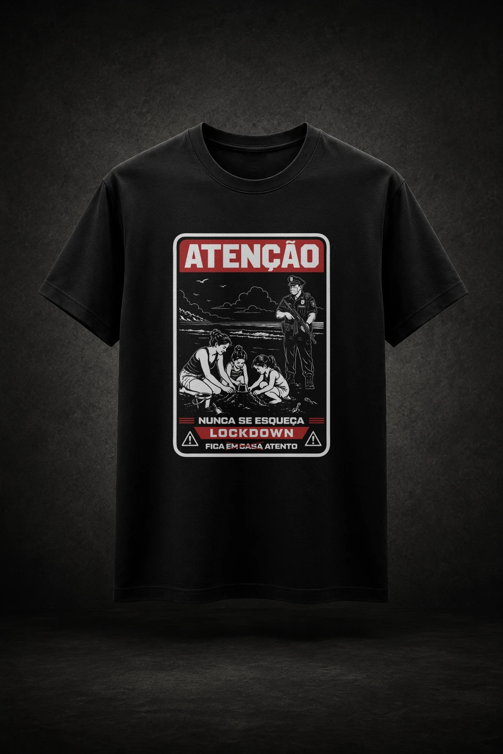 Camiseta preta com estampa inspirada em situação distópica no lockdown 2019