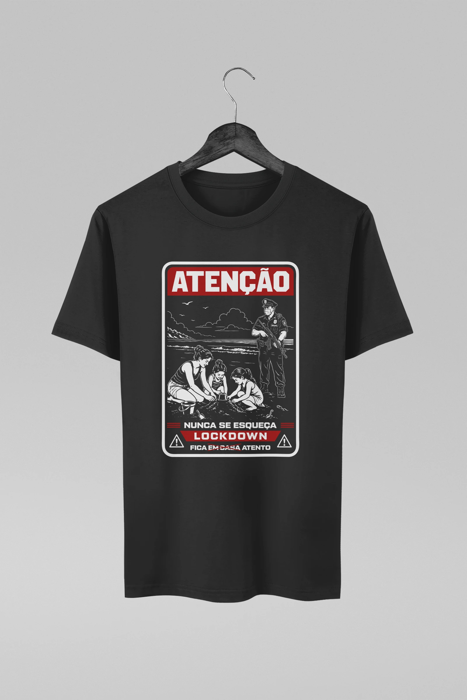 Camiseta preta com estampa inspirada em situação distópica no lockdown 2019