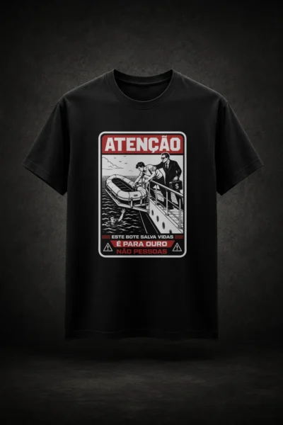 Camiseta preta com estampa de bote salva-vidas, ouro e pessoa à deriva