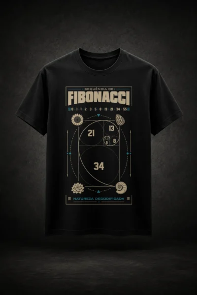Camiseta preta com estampa da sequência de Fibonacci e elementos da natureza