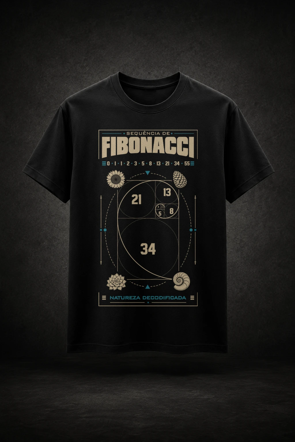 Camiseta preta com estampa da sequência de Fibonacci e elementos da natureza