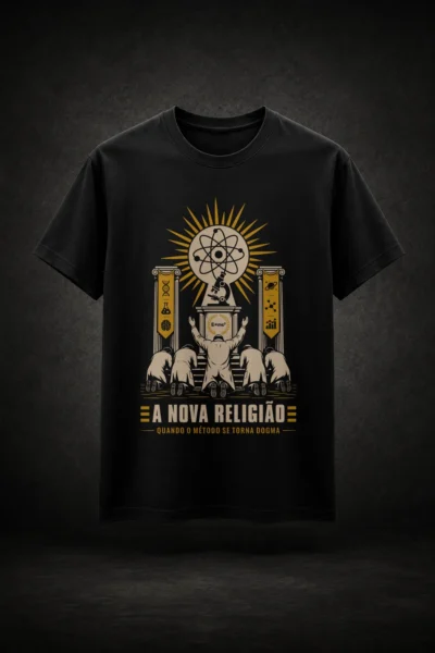 Camiseta preta inspirada no cientificismo. Estampa exclusiva sobre pensamento crítico, dogmatismo e liberdade intelectual.