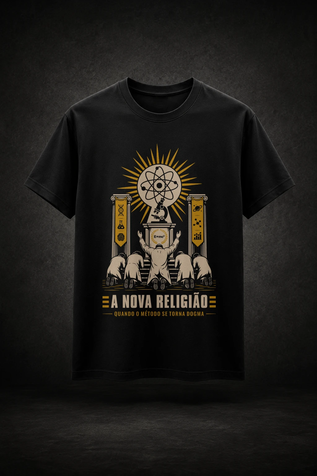 Camiseta preta inspirada no cientificismo. Estampa exclusiva sobre pensamento crítico, dogmatismo e liberdade intelectual.