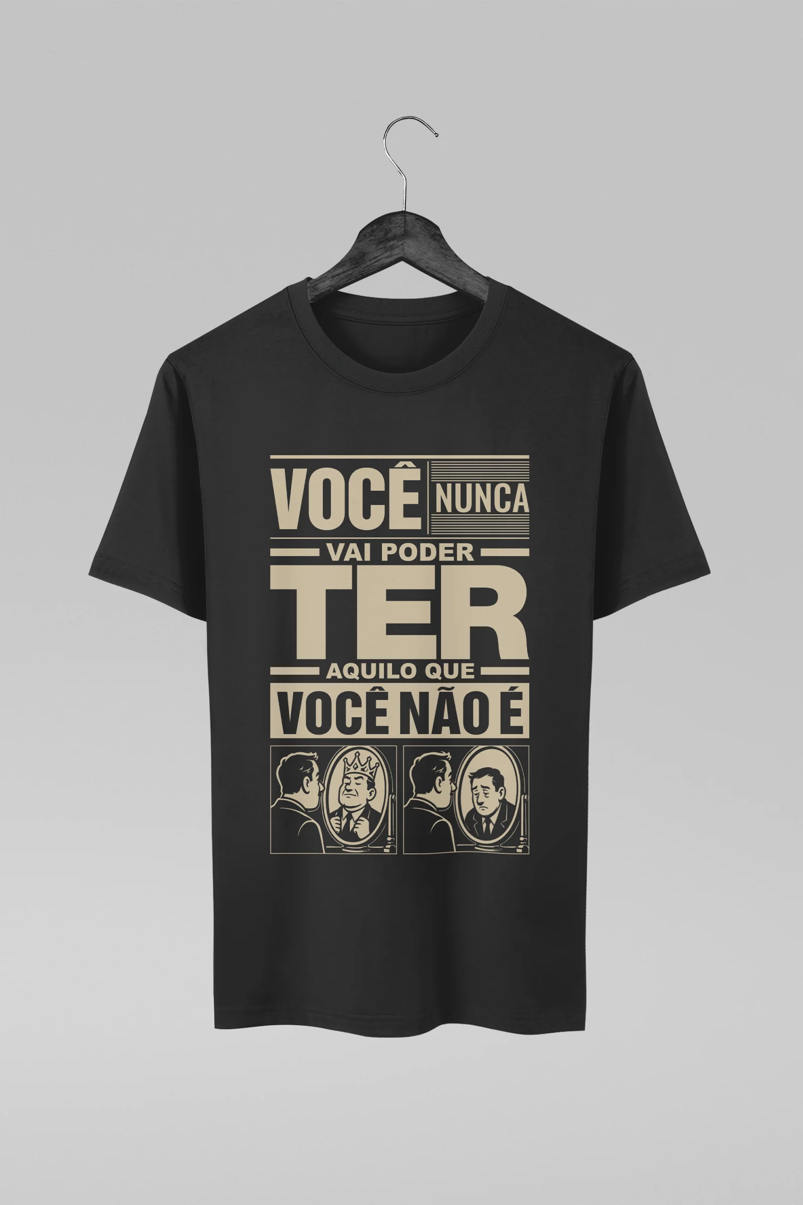 Camiseta preta com estampa tipográfica sobre a ser antes de ter - versão masculina
