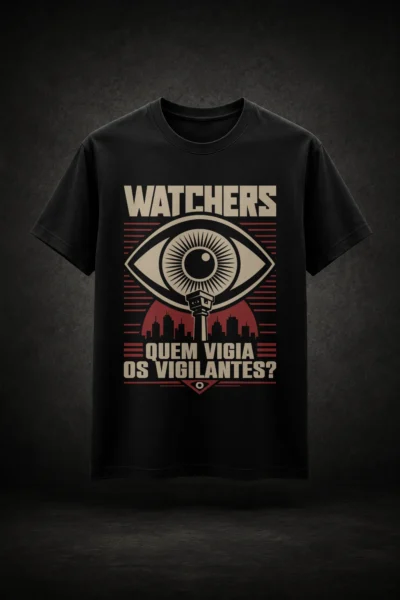 Camiseta preta inspirada na frase "Quem Vigia os Vigilantes?"