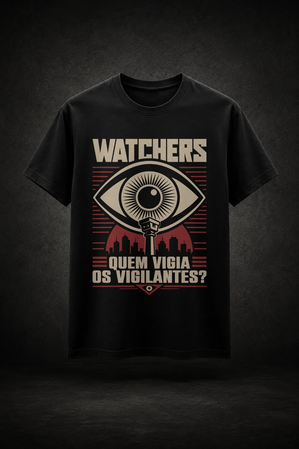 Camiseta preta inspirada na frase "Quem Vigia os Vigilantes?"