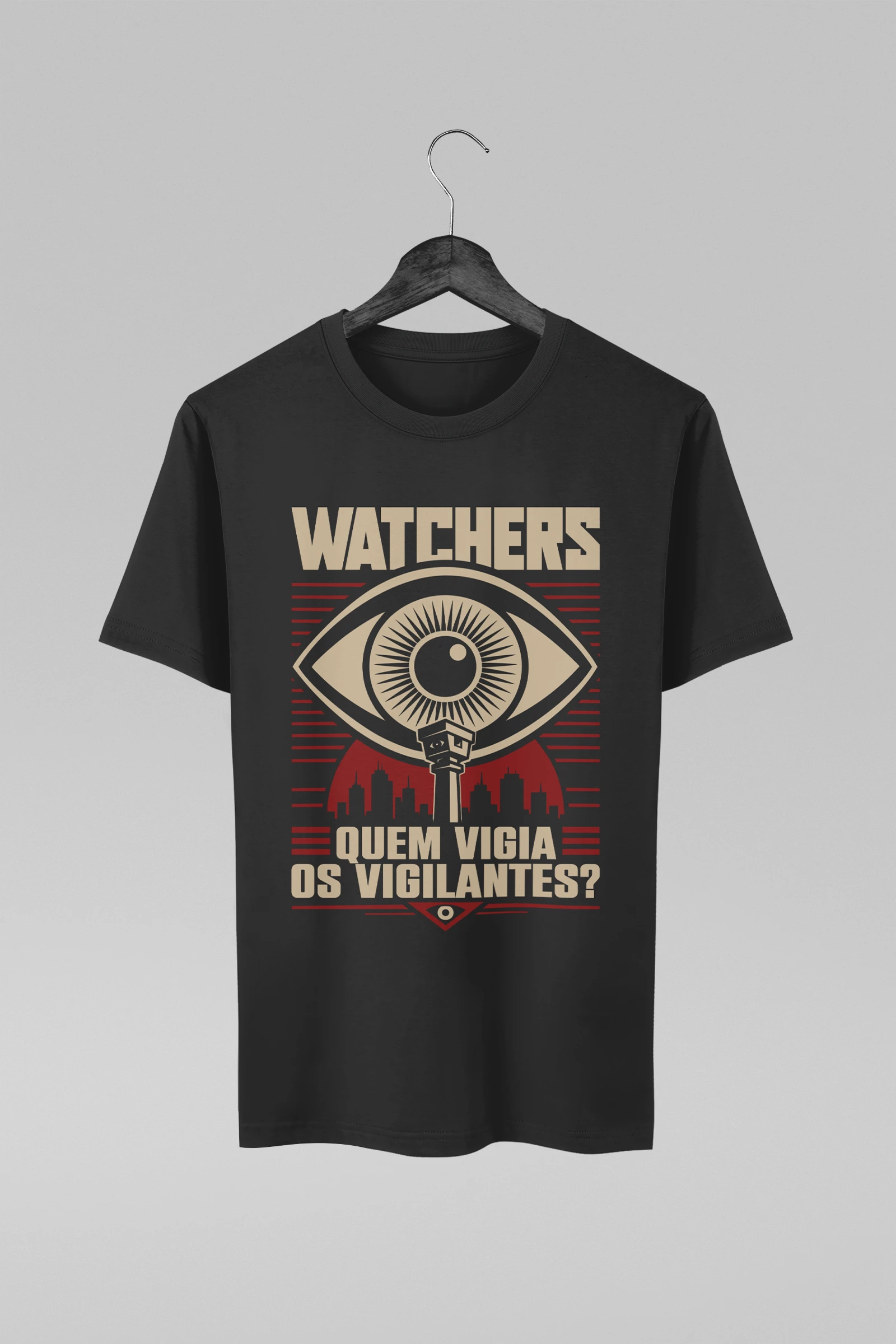 Camiseta preta inspirada na frase "Quem Vigia os Vigilantes?"